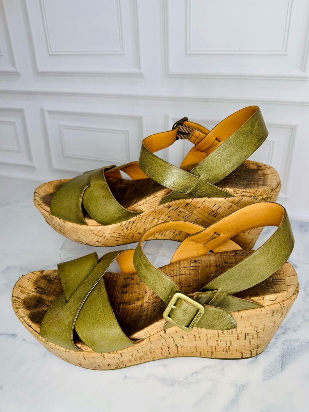 Kork-Ease Myrna Olive Green Leather Cork Wedge Sandals 10M - Picture 4 of 14